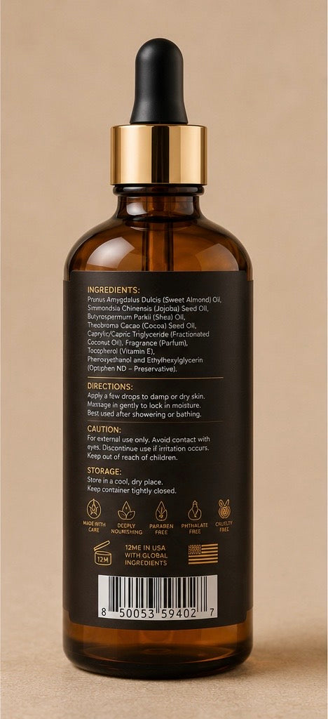 Back view of an amber glass dropper bottle with a black dropper top and metallic gold collar, showing the ingredients label on a beige background.